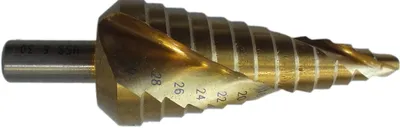 Produktbild von PTG HSS-Co RATIOLINE Stufenbohrer spiral genutet -TIN- mit Kreuzanschliff und 3-Flächenschaft 6,00 - 36,00 x 3 mm steigend (1Stk.)