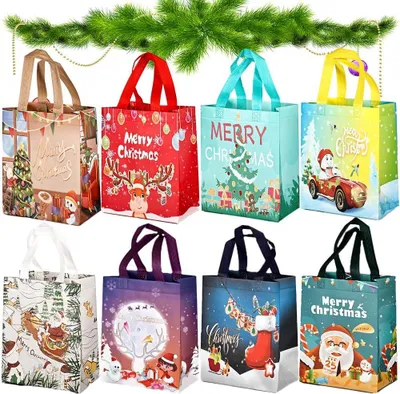 Produktbild von Recycelbare Weihnachtsgeschenktaschen - Set aus 12 Stücken - Fleece Geschenktaschen für Weihnachten - Feierliche Weihnachtspaket mit Handgriffen - Abmessungen 31,5 x 17 x 25 cm (8 Stücke)