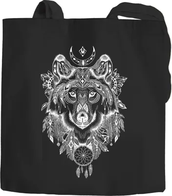 Zdjęcie produktu dla Torba jutowa wolf Zentangle Boho Bohamian torba bawełniana torba materiałowa długie uchwyty bawełna Autiga® czarny 2 długie uchwyty