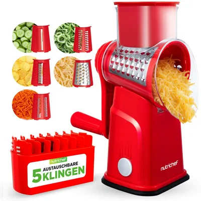 Immagine prodotto di Grattugia per formaggio e affettatrice per verdure NutriChef con manovella, 5 lame intercambiabili – Colore: rosso