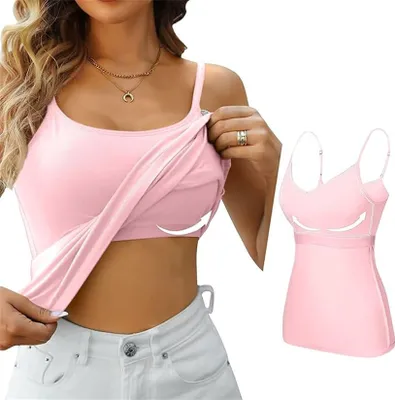 Produktbild von ASKSA Damen Unterhemd BH Hemd Basic U-Ausschnitt Eingebauter BH Tank Top, Pink, Groesse: L