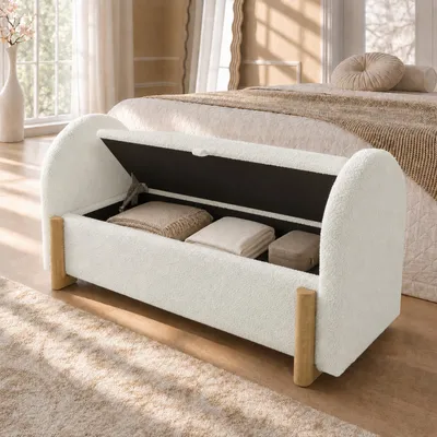 Produktbild von okwish Weiß Bettbank U-Form Holzbeine, Bettende-Bank mit Stauraum und Gasdruckfedersystem, 106x47x61 cm,Für Schlafzimmer