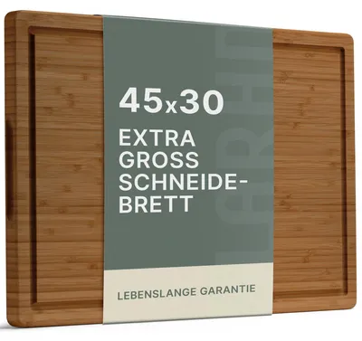 Produktbild von Schneidebrett aus Bambus mit Griff und Saftrille - 44,5 x 30 x 2 cm