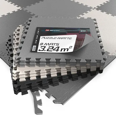 Produktbild von Hop-Sport Puzzlematte 9er Set - Unterlegmatte für Fitnessgeräte als Rutschfester Bodenschutz - Größe 60 x 60 x 1 cm -  Schwarz/Weiß/Grau