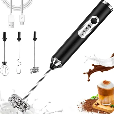 Handmelkopschuimer, USB-aufladbar, 3 Rührbesen, 3 Stufen, Schwarz