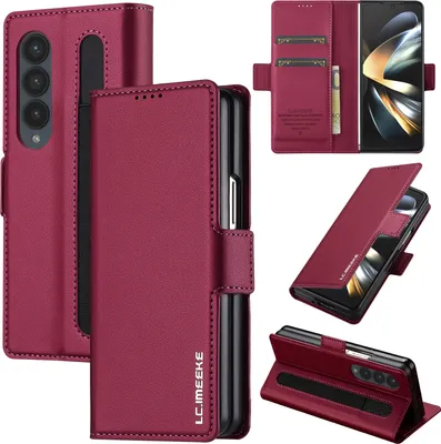 Produktbild von Handyhülle für Samsung Galaxy Z Fold3 5G, Magnetische Flip Leder Hülle mit Kartenfach und Standfunktion Rot