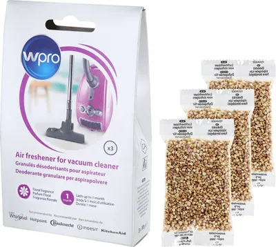 A package of Wpro air freshener granules for vacuum cleaners, with three individual packets of granules shown to the right.