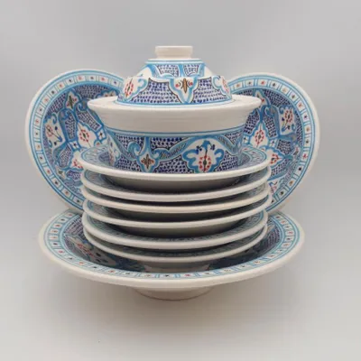 Image de Service à couscous Marocain turquoise assiettes Tebsi - 8 pers