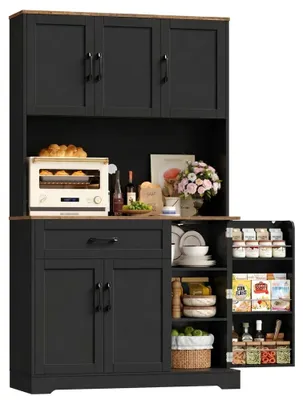 Image de Buffet de cuisine - Armoire de cuisine avec tiroirs - Étagère réglable - Panneau de particules - Montage à faire soi-même - 100 x 38,6 x 180,5 cm - Noir