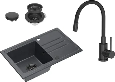 A black granite sink with a black faucet and drain accessories are displayed against a white background.