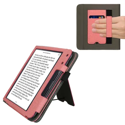 Produktbild von kwmobile Hülle kompatibel mit Kobo Kobo Libra Colour / Tolino Vision Color Hülle - Flip Case mit Handschlaufe - Kunstleder Cover - Rosa Dunkelgrau