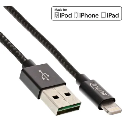 Image de InLine® 31420B Câble Lightning USB, pour iPad, iPhone, iPod, noir/alu, 2m