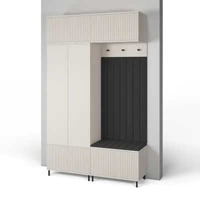 Produktbild von Garderoben-Set Ritmo Version 2 – gefräster Kleiderschrank mit hohen Füßen, Schuhschrank, Hängeschrank für den Flur (cashmere, Trinity 16)