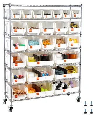 Image de Étagère de rangement VEVOR, étagère de stockage à 7 niveaux et 26 boîtes de rangement, bibliothèque, étagère de cuisine sur roulettes, étagère mobile pour garage, entrepôt, bureau, restaurant, salle de classe, cuisine, dimensions : 355 x 1110 x 1480 mm