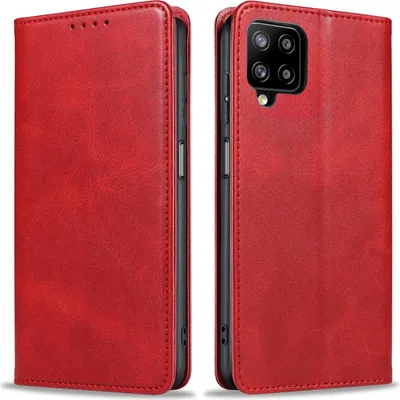 A red flip cover phone case is shown from the front and back.
