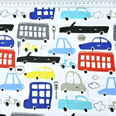 Produktbild von Baumwolle 100% bunte Autos auf weißem Hintergrund