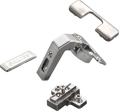 Produktbild von 2 x Salice Stollenscharnier Serie 700 mit Dämpfungssystem im Topf 110° Bohrbild T52 mit Montageplatte Höhe 9 mm mit Euroschrauben, Langlochverstellung und Abdeckkappen Schrankscharnier von SOTECH