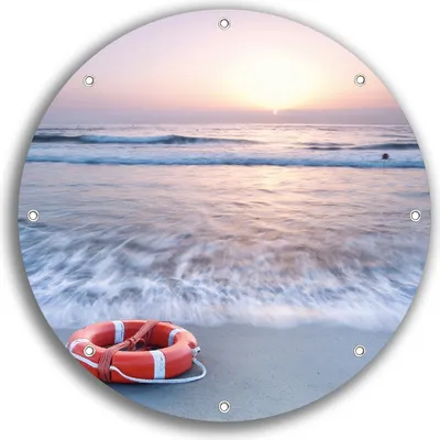 Produktbild von Wallario rundes Outdoor-Poster für Garten oder Balkon, Motiv Rettungsring am Strand bei Sonnenuntergang, 30 cm Durchmesser