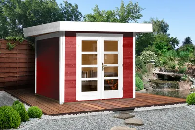 Produktbild von WEKA 126.3021.43000 Gartenhaus/Blockbohlenhaus Chill-Out 1 /Doppeltür/ ; Größe: 1 ; Farbgebung: Schwedenrot ; Wandstärke: 28 mm ; Maße (LxBxH): 295 cm x 260 cm x 226 cm ; Seitenwandhöhe: 217 cm