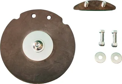 A set of replacement parts for a pump, including a large circular membrane and smaller hardware.