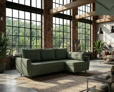 Obrázek produktu pro Rohová sedací souprava SINDIA Nordelo s funkcí spaní a úložným prostorem Universal L/R 246 cm látka GLOW 9 ZELENÁ