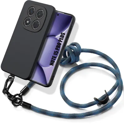 Image de Coque pour Xiaomi Redmi Note 15 Pro Plus 5G, Silicone Noir Anti-Rayures avec Bandoulière Bleue