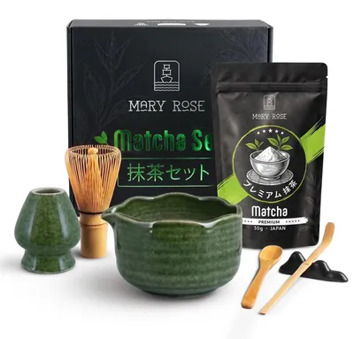 Produktbild von Mary Rose - Matcha Tee Geschenkset Japanische Premium 30g - Mit Grün Keramik Matchawan Schale Tonbo 400ml - Bambus Chasen, Chashaku & Halter