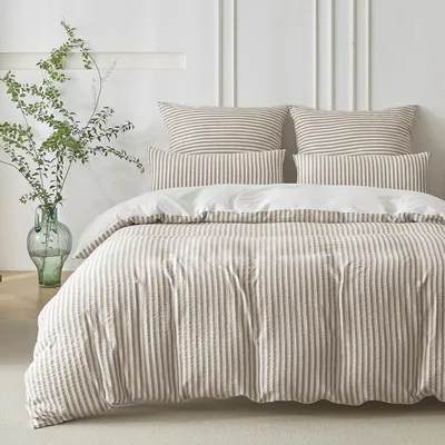 Produktbild von Bettwäsche-Set 155x220 cm Baumwolle Jacquard Gestreift Braun & Weiß 2-teilig