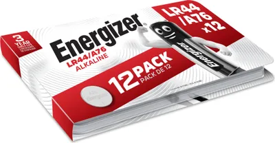 A package of Energizer LR44/A76 alkaline batteries.
