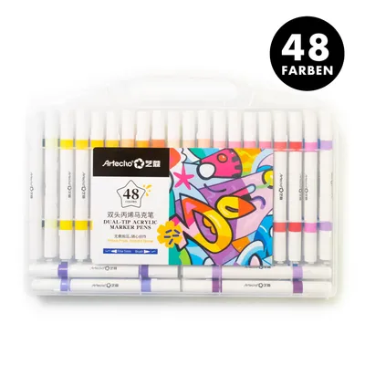 Produktbild von Artecho Doppelspitze Acrylstifte Set – 48 Farben, mit Feiner & Breiter Spitze – Wasserfest, Acrylmarker für DIY, Glas, Stein, Holz & Leinwand
