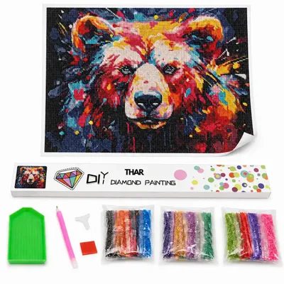Imagen del producto de THAR, Kit completo para pintura con diamantes, diseño de oso colorido, 40 x 50 cm
