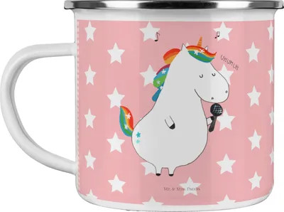 Produktbild von Mr. & Mrs. Panda Emaille Tasse Einhorn Sänger - Rot Pastell - Geschenk, Outdoor, Geburtstag, Haferl, Unicorn, Becher, Party, Pott, Fest, Teetasse, Einhörner