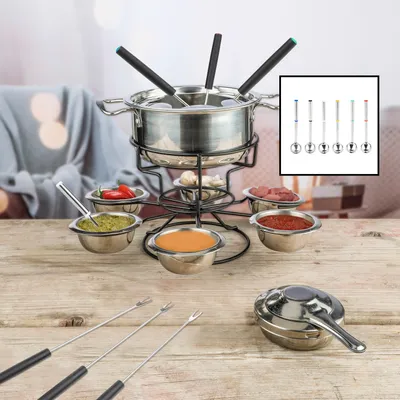 Produktbild von 22 tlg. Fondue-Set aus Edelstahl für 6 Personen | für Brennpaste | inkl. 6 Schüsseln für Dipp oder Soßen