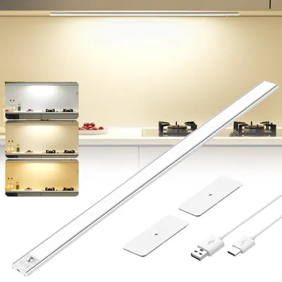 Produktbild von OUILA Schrankbeleuchtung LED 60CM Unterbauleuchte Küche Led mit Bewegungsmelder 3 Farbmodi Dimmbar Lampen Ohne Bohren USB-C Wiederaufladbar Nachtlicht für Kleiderschrank Treppe Küche Schlafzimmer
