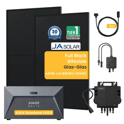 Produktbild von Balkonkraftwerk mit Speicher, SOLIX Solarbank E1600 1.6KW Speicher mit Jasolar 880W Full Black Bifaziale Solarmodule und Growatt 800W Wechselrichter