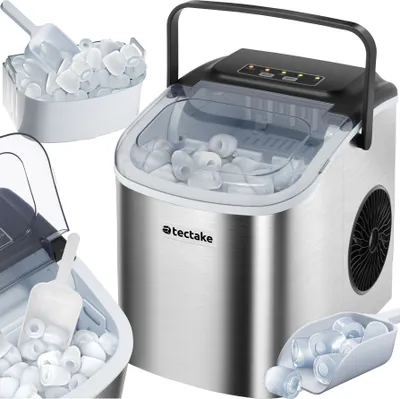 A collage of images showing a portable ice maker and its ice cubes.