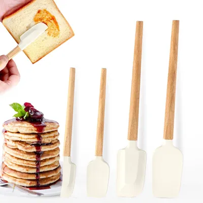 Produktbild von 4-teiliges Silikonspatel-Set mit Holzgriffen, Teigschabern, Küchenspateln, BPA-frei, schmal, antihaftbeschichtet, zum Backen, Mischen und Kochen