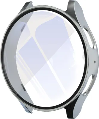 A silver watch case with a clear screen protector.