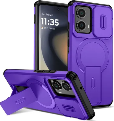 Obrázek produktu pro Magnetické pouzdro pro Motorola Edge 2024, dvouvrstvé odolné pouzdro s posuvnou ochranou fotoaparátu a nastavitelným stojánkem Fialová