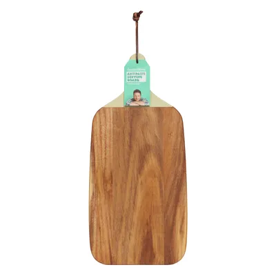 A wooden antipasti serving board with a tag attached.