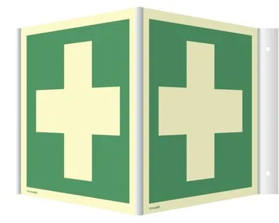 Produktbild von Dreifke® Winkelschild Erste Hilfe, ISO 7010, Kunststoff, nachleucht., 160-mcd...