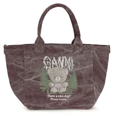 Zdjęcie produktu dla Mała torba Ganni "Teddy" z bawełny, kolor bordo, z logo i motywem niedźwiedzia