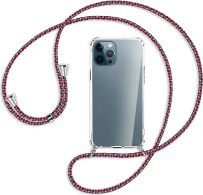 Produktbild von Handykette Backcover-Schutzhülle mit Band (Metall silberfarben) für Apple iPhone 12 Pro Max - silber/blau/rot
