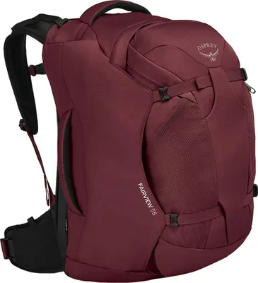 A maroon Osprey Fairview 55 travel backpack is shown from a side-angle against a white background.