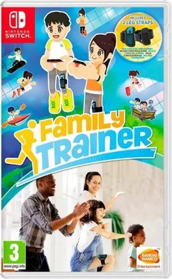 The image is a product packaging for the Nintendo Switch game 'Family Trainer'. It features cartoon characters exercising and a family exercising together in the foreground. There are also small illustrations of people engaged in various sports around the