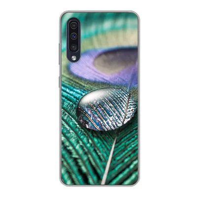 Produktbild von MuchoWow® Handyhülle Schutzhülle Hülle für Samsung Galaxy A30s Nahaufnahme eines Wassertropfens auf einer Pfauenfeder Silikon Softcase Handy Hülle - Karteninhaber