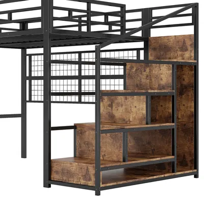 Produktbild von Merax Etagenbett Hochbett 140x200 cm, Kinderbett mit Kleiderschrank und LED-Beleuchtung, Jugendbett mit Lagertreppe, Doppelbett, Stockbett, Schwarz