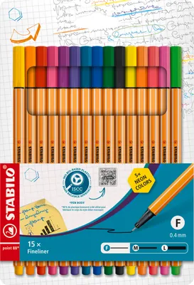 Zdjęcie produktu dla Fineliner - STABILO point 88 - 15-pak - 15 różnych kolorów, w tym 5 kolorów neonowych