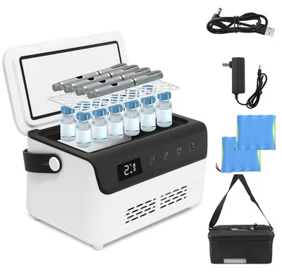 Produktbild von Tragbarer Insulin Kühlschrank Groß, 2–18°C, 4–5 Pens, Doppelstock, LED Display, 2x 13600mAh Akku, inkl. Tasche