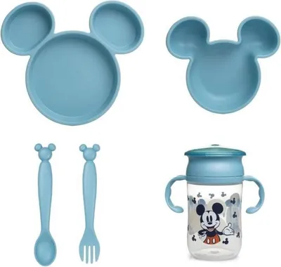 Zdjęcie produktu dla Zestaw Naczyń dla Dzieci Thermobaby Mickey Mouse, Talerz z Przegródkami, Miska, Ergonomiczne Sztućce, Kubek 360° Niekapek
